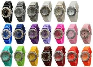   Lot 10 Geneva Silicone Rubber Jelly Designer Watches With Crystals