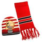   Hat Cap Scarf Set with Stripes and Embroidered Cartoon Bear   Red