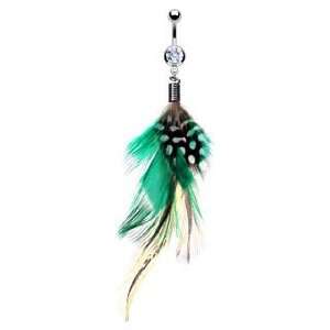 316L Surgical Steel Navel Ring with Teal and Assorted Color Feathers 