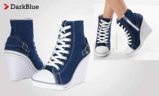 New Womens Shoes Fashion Sneakers Lace Up Canvas High Top Wedges Heels 
