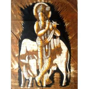 Hindu God Lord Krishna Indian Batik Tapestry Fabric Wall Decor Hanging 