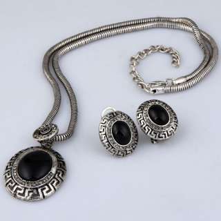   tibet silver ancient oval black agate earrings necklace set  