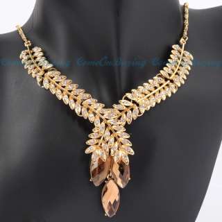   Golden Leaf Design White Crystal Olivary Beads Pendant Necklace  