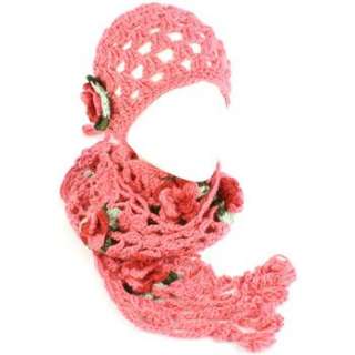   Set Crochet Flower Hand Knit Beanie Skull Ski Cap Hat and Scarf Pink