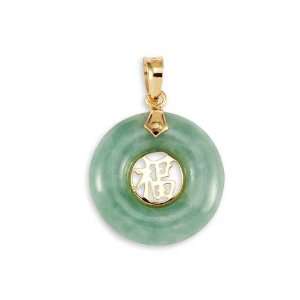    14k Yellow Gold Light Green Jade Chinese Luck Pendant Jewelry