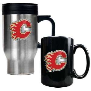 Calgary Flames NHL Stainless Steel Travel Mug & Black Ceramic Mug Set 