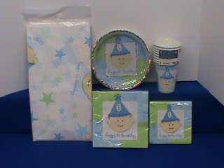 NEW BOYS 1ST FIRST BIRTHDAY PARTY SET / SUPPLIES TABLECOVER PLATES 