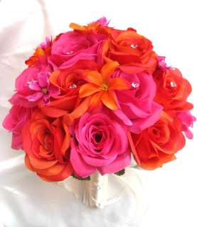   Bouquet silk wedding flowers ORANGE FUCHSIA HOT PINK CREAM LILY 17 pc
