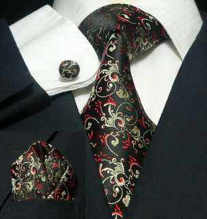 Black Red Paisleys Mens Silk Tie Set Tie+Hanky+Cufflinks Exclusive 