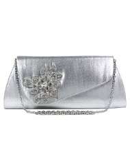 dashing silver satin evening bag clutch with huge rhinestone flower