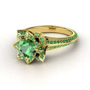  Pave Lotus Ring, Round Emerald 14K Yellow Gold Ring 