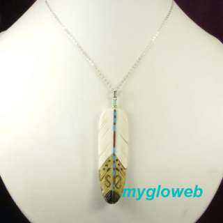 HAND PAINTED FEATHER PENDANT STERLING SILVER NECKLACE  