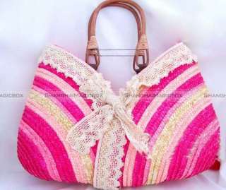   Sweet Lace Bowknot Beach Straw Handbag Tote Shoulder Bag WBG804  