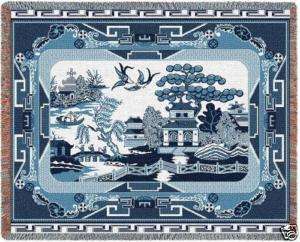 70x54 WILLOW BLUE China Asian Tapestry Throw Blanket  