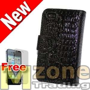 Black Crocodile Leather Wallet Case Cover for iPhone 4 4S + Screen 
