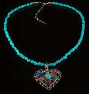 Sterling Silver Multi gemstone Turquoise Heart Necklace  