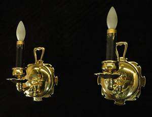 PAIR ANTIQUE EARLY 1900 BRASS COLONIAL WALL SCONCES  