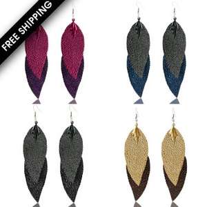 Color Oversize Thin Metal Feather Dangle Earring Set Purple Grey 