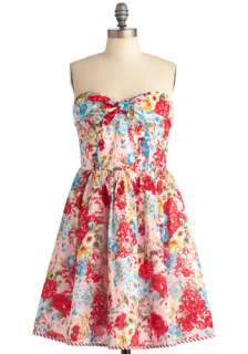 Yes You May Dress   Floral, A line, Strapless, Multi, Red, Yellow 