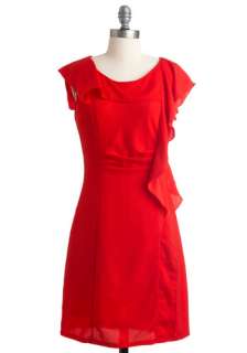   Mid length, Red, Solid, Ruffles, Sheath / Shift, Cap Sleeves, Party