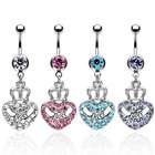   in 316L Steel Belly Ring with Cubic Zirconia Paved Crowned Heart