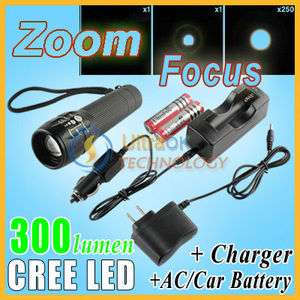 focus CREE Q5 LED 300l Flashlight Torch+AC/Car charger/holster+BATT 