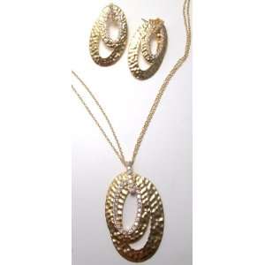 18K Gold Vermeil 2 Strand Chain Necklace With 2 Hammered Ovals With CZ 