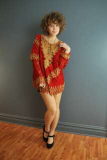 Vintage 80s red lace gold sequin beaded scalloped trophy top/mini 