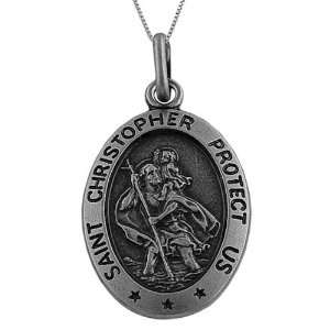 Oxidized Sterling Silver Oval Saint Christopher Medal Necklace (18 