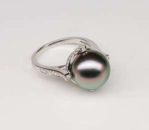   Tahitian Pearl Solid 14K White Gold Pave .27ct Diamond Wedding Ring