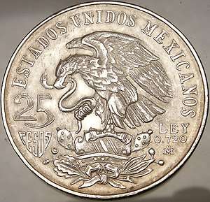   25 Peso Olympics 72% Large Silver Coin EAGLE w serpent Coat of arms