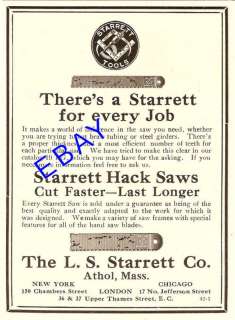 NEAT OLD 1912 STARRETT HACK SAW AD TOOL BLADE ATHOL MA  
