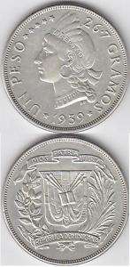 DOMINICAN REPUBLIC SILVER COIN 1 PESO KM 22 1939 XF++  