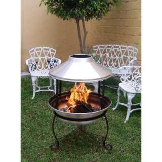   Aluminum Fireplace / Chiminea with Wrought Iron Stand and Fire Screen