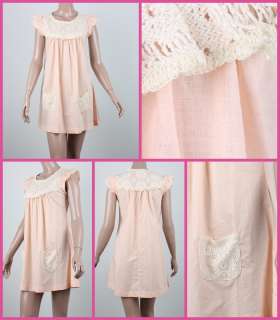Cute Boxy Lace Pocket Lace Trim Cotton Dress Sz M~L  