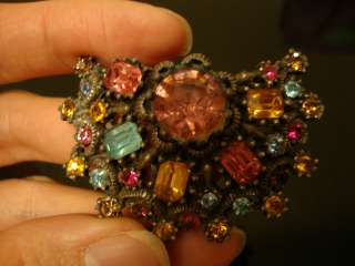 Vintage Coro multi colored brooch pin large rhinestones stone flower 