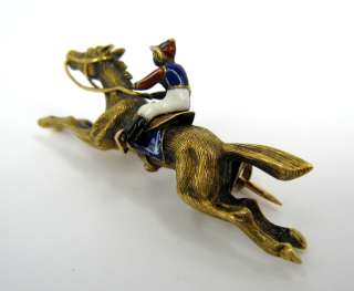 1890s Victorian Multi Color Enamel & 14K Gold Horse Racing Pin  