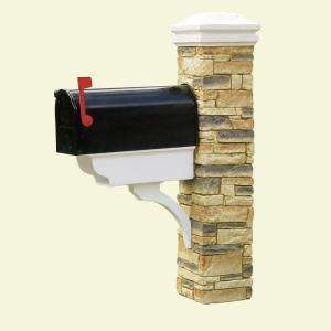 Eye Level Beige Stacked Stone Mailbox Post, Newspaper Holder & Curved 