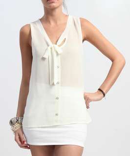   Button Sheer Crepe SLEEVELESS BLOUSE Casual Dressy Bow Tank Top  