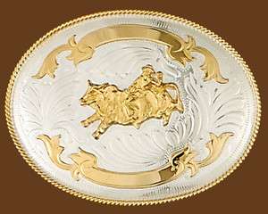 Western Rodeo German Silver & Gold Bull Riding Trophy Belt Buckle 5 x 