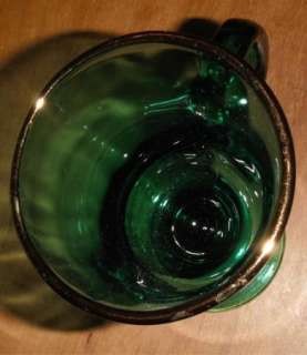 Vintage Forrest Green Glass Pedestal Footed Cup Mug Gold Trim  