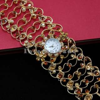 Gold Tone Brown Crystal Lady Bracelet Cuff Bangle Watch  