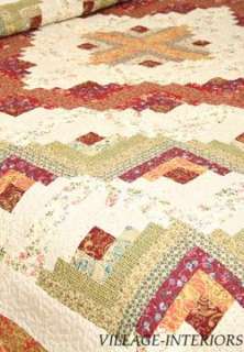 LOG CABIN GREEN & BURGUNDY QUILT THROW / TABLE TOPPER  