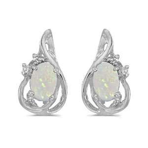    14k White Gold Oval Opal And Diamond Teardrop Earrings Jewelry