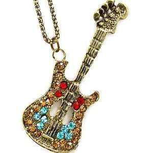 Fancy Large Burnished Gold Tone and Multi Color Crystal Musical Guitar 