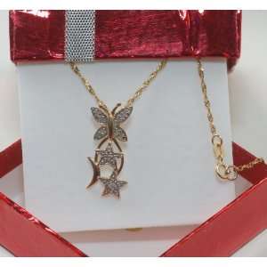   Yellow Gold Chain & Diamond Star & Butterfly and Moon Pendant Jewelry