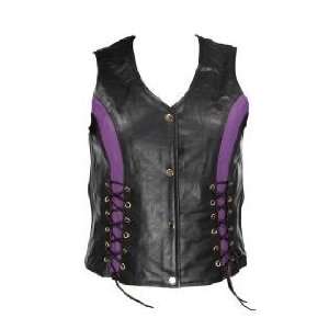 Xelment Womens Black/Purple Leather Motorcycle Vest with 