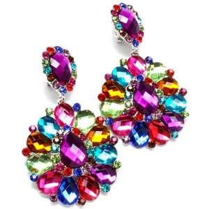  Big & Long Multi Color Crystal Clip On Earrings Jewelry