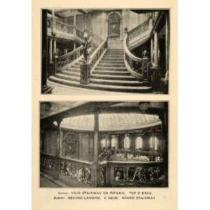 1912 Print Historic Ship Titanic Grand Main Stairway Staircase Statue 