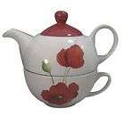 TEA FOR ONE WHITE RED POPPY TEAPOT & CUP